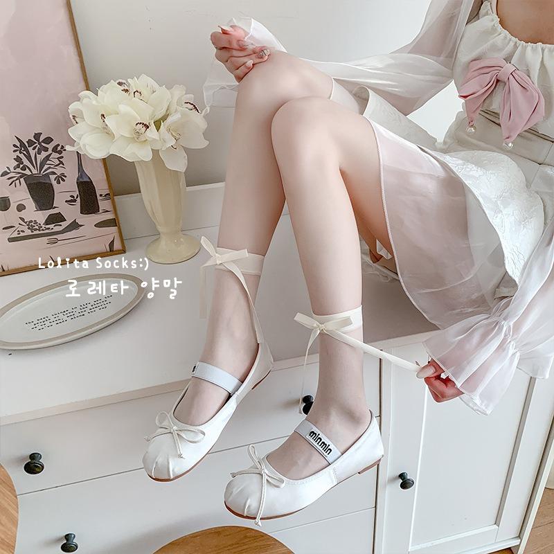 Female Summer Ultra Thin Model Sweet Bow Ballet Wind Transparent Cylinder Stack Socks