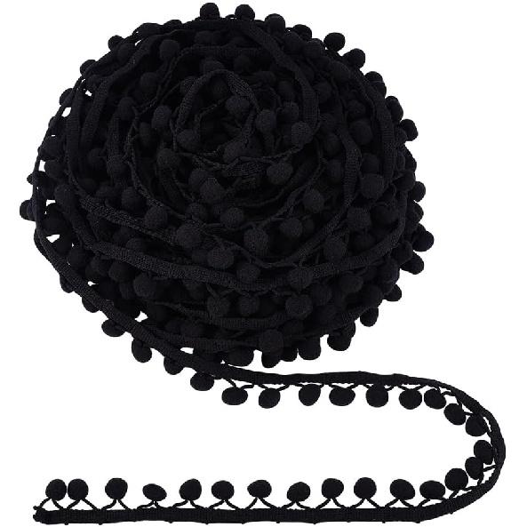 PH PandaHall 20 Yards Cotton Pom Poms Balls Fringe Trim, 13mm Round Pompoms Ball Triangle Connect Tassel Trim Black Ribbon Fringe Tassel Lace for DIY