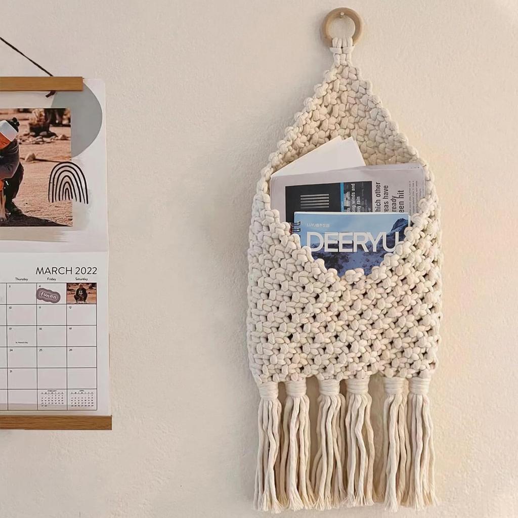 Macrame Mail Organizer Wall Mounted, Handmade Hanging Woven Basket for Boho Home Office Decor, Over the Door Key Letter Envelope File Holder for
