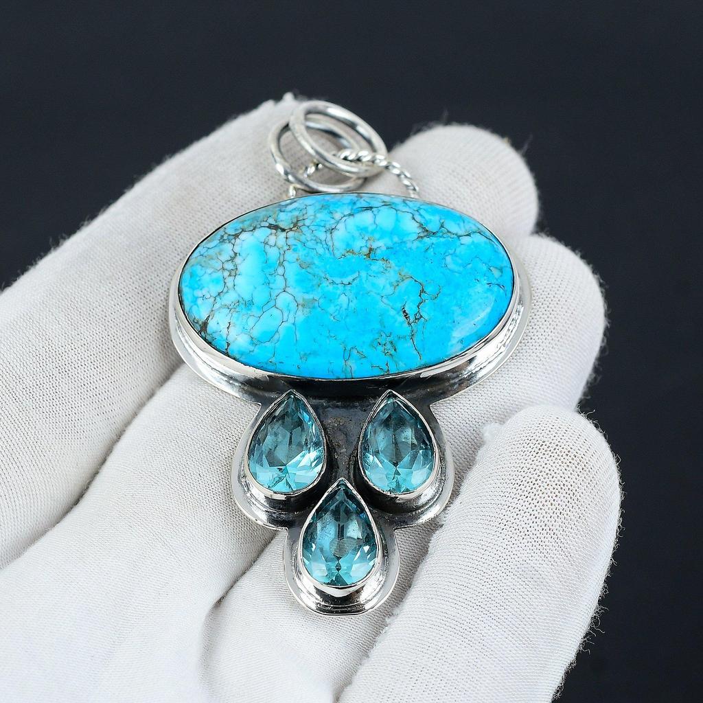 Tibetan Turquoise, Swiss Blue Topaz Gemstone Silver Pendant, 925 Sterling Silver Jewelry Pendant, Natural Turquoise Pendant For Women/ Gifts