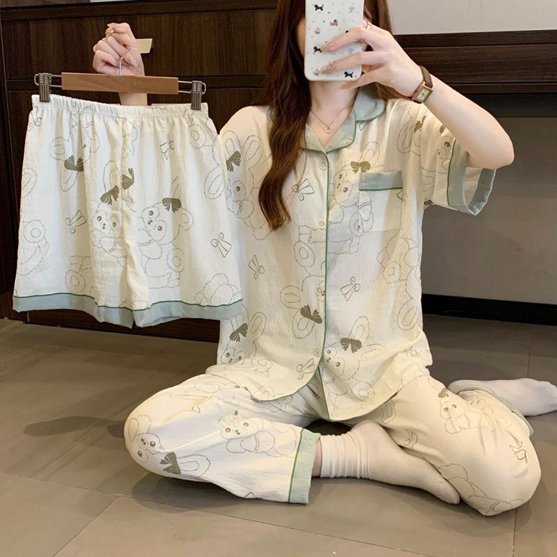 Girls Sweet Rabbit Cloud Cotton Pajamas Women'S Summer Comfortable Skin-Friendly Homewear Short Sleeve Three-Piece Set