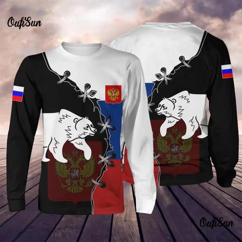 Round Neck 3D Russian Printed Top Casual Long Sleeved Men's T-shirts - Soft Medium Stretch Polyester Fabric Spring and Autumn Relaxed Fit Clothing
