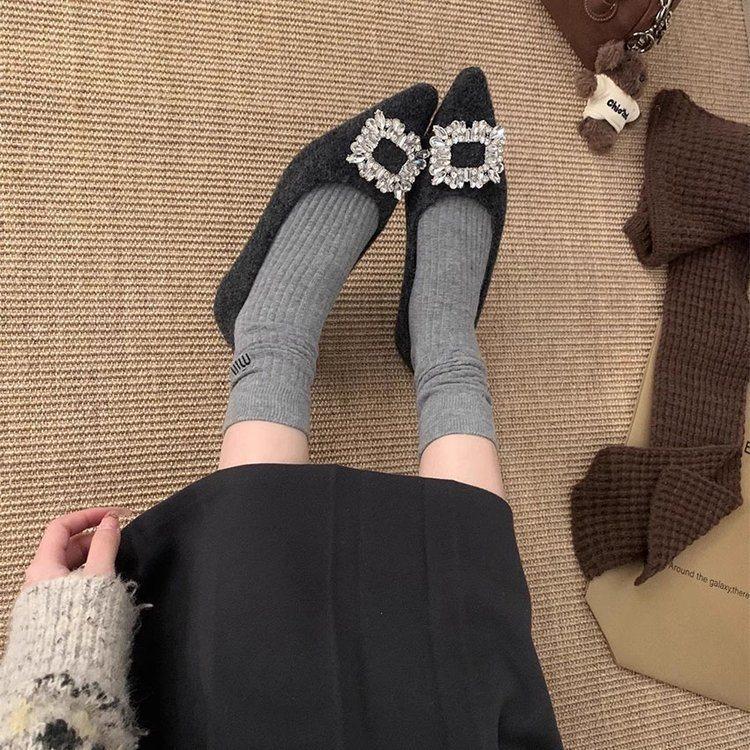 The Inner Height Of The Cotton Shoes With Fleece Tip Increases, The New Single Shoes Are Gray Square Buckle Rhinestone Temperament, Autumn And Winter