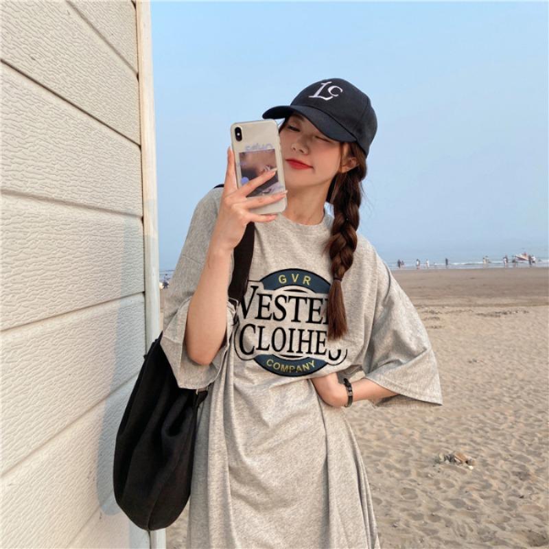 Women's Letter Print T-shirt Dress Summer Straight-leg Split Dress Slimming Casual Long Dress