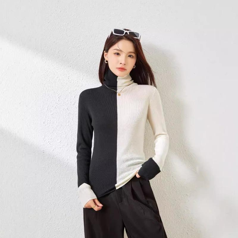 

Contrasting color splicing silk wool knitted sweater autumn new turtleneck long-sleeved pullover women s top 115 (90-57.5 kg)