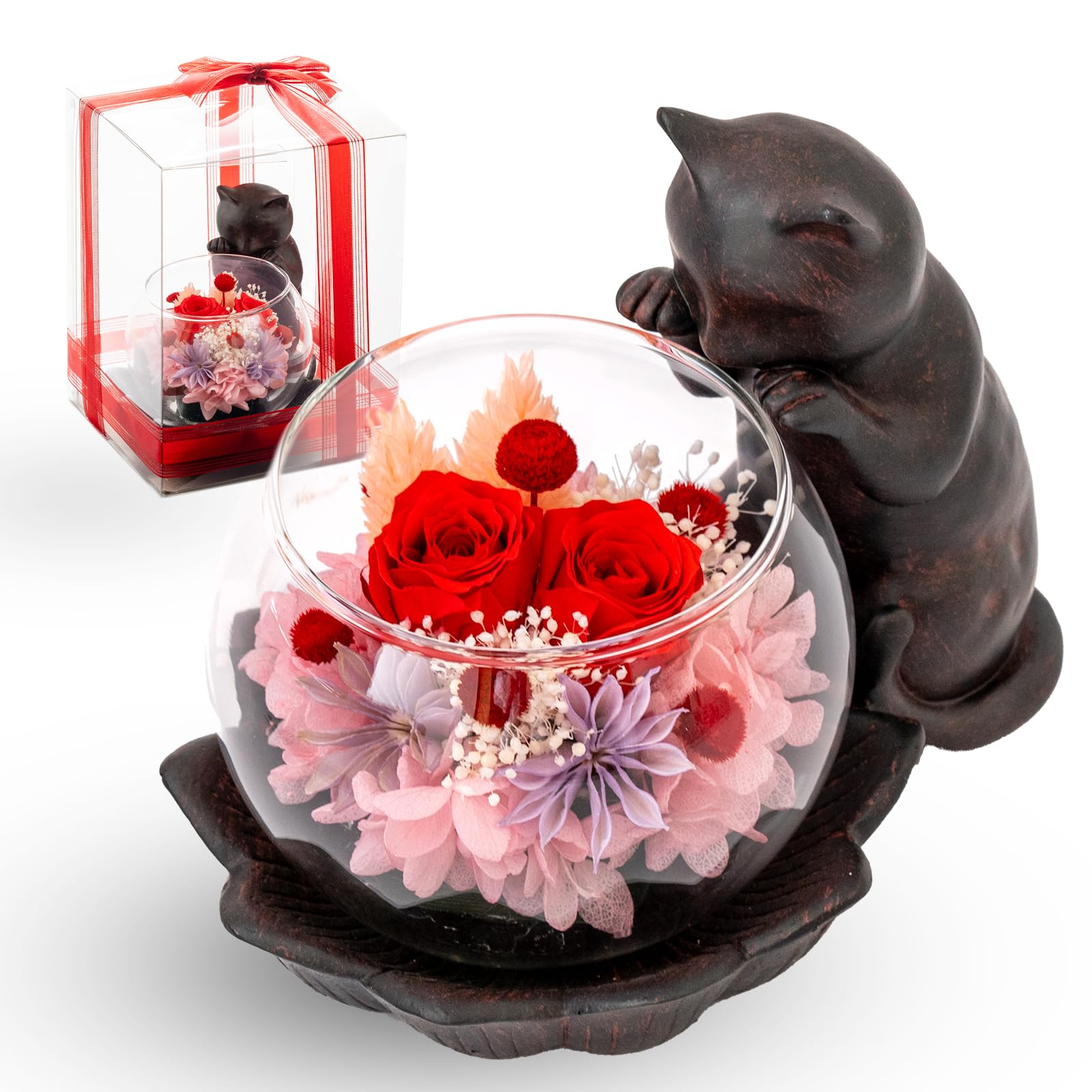 Utihana Preserved Flowers Birthday Retirement Cat 60th Birthday - Mother s Day, Cat, Roses, Gift, Celebration, Gift, Motif, (Cat Lover, Red)