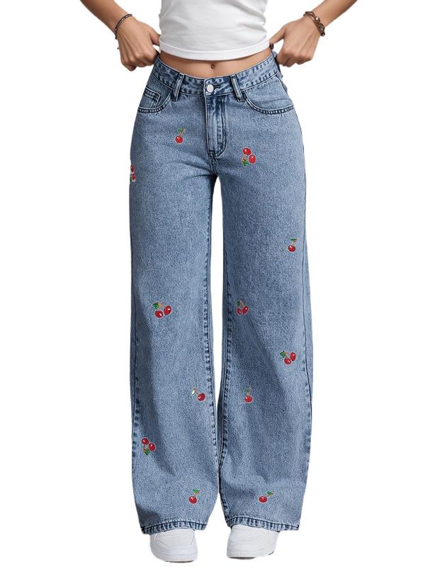 Smoke Gray Distressed Slimming Stretch Jeans with Red Cherry Blossom Embroidery