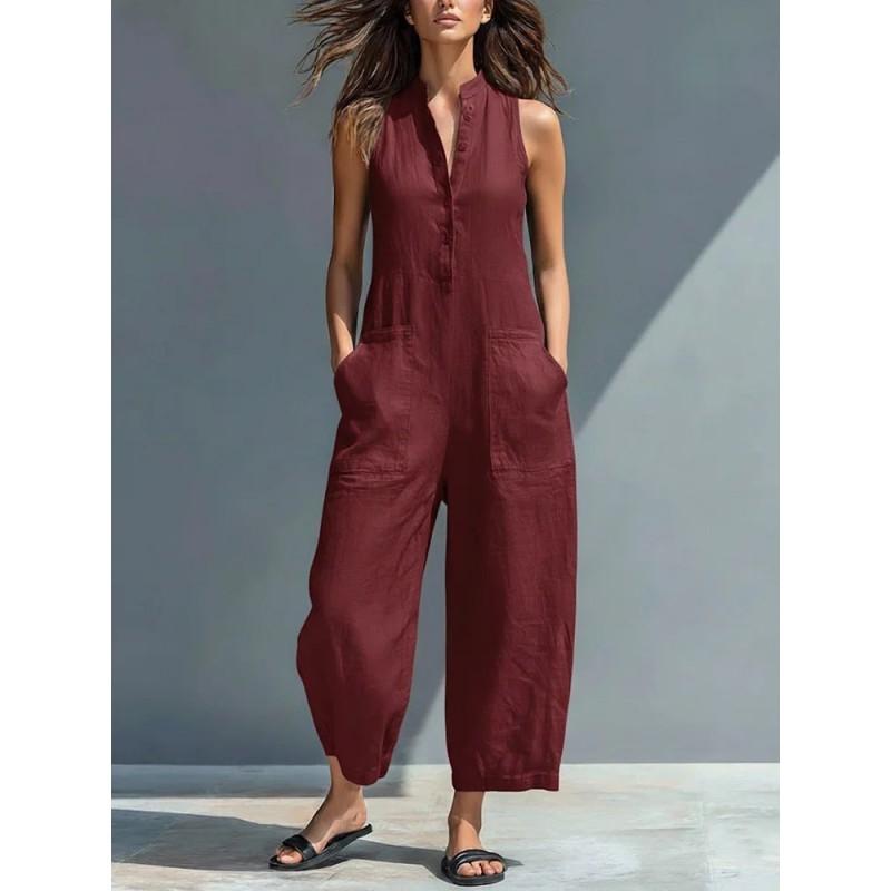 2026 Womens Sleeveless Stand Collar Pocket Jumpsuit Loose Fit Cotton Linen Casual Romper