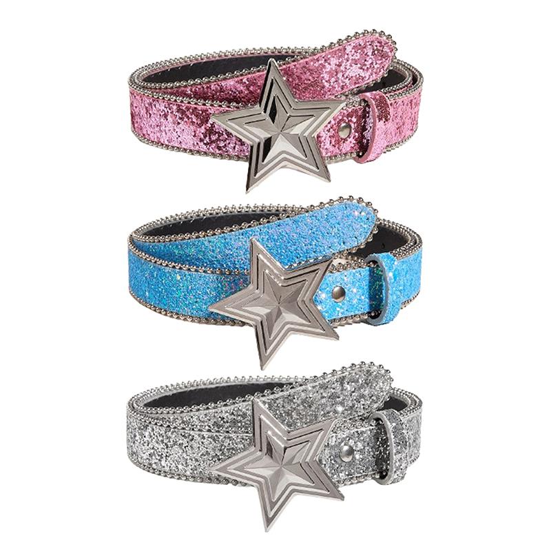 Women'S Star Buckle Belt Y2K Luxury Bling Sequin Punk Metal Buckle Waist Strap  Shiny Pu Leather Waistband Jeans Belt