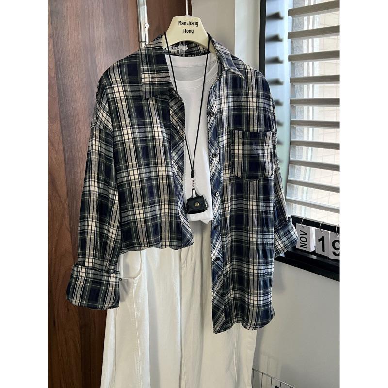 Man Jiang Yue Navy Blue Plaid Women's Long Sleeve Shirt - Hong Kong Style Chic & Lightweight