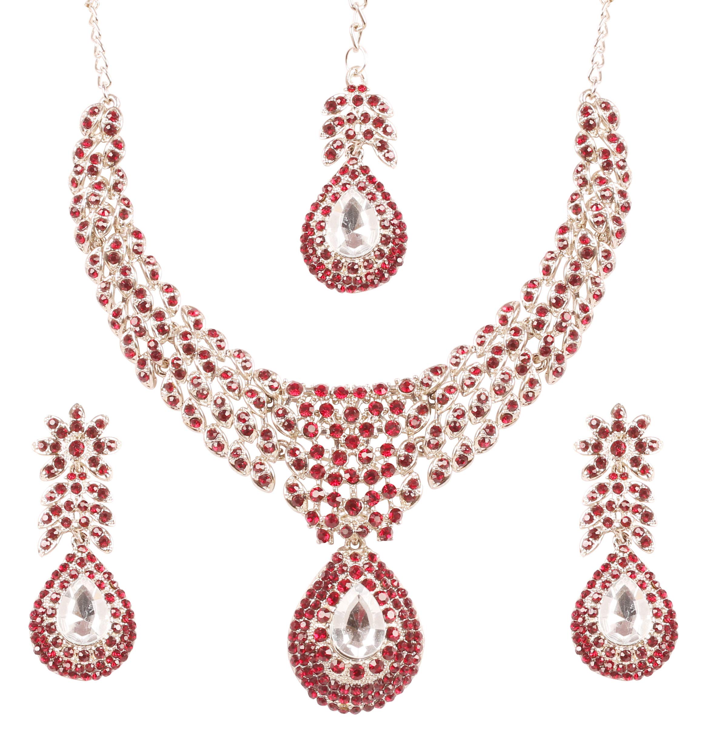 Touchstone Indian Bollywood traditionally marked white and red rhinestone alluring bridal designer jewelry necklace set in silver tones for women.