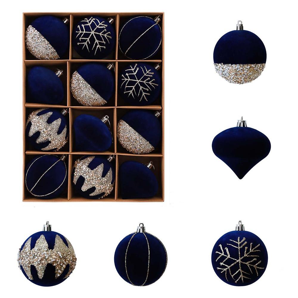 12Pcs Glitter Christmas Baubles Ornament Plastic Flocked Ball Gift Box New Year