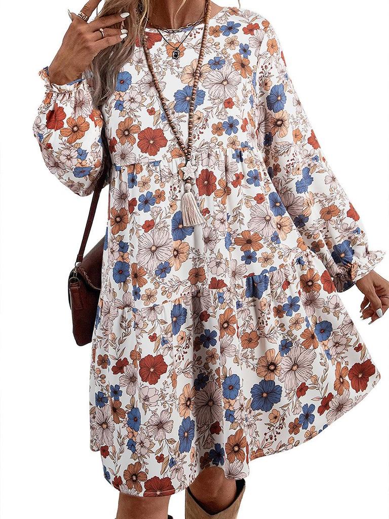 Floral Print Long Sleeve Round Neck Pullover Dress for Women - Autumn/Winter Fashion