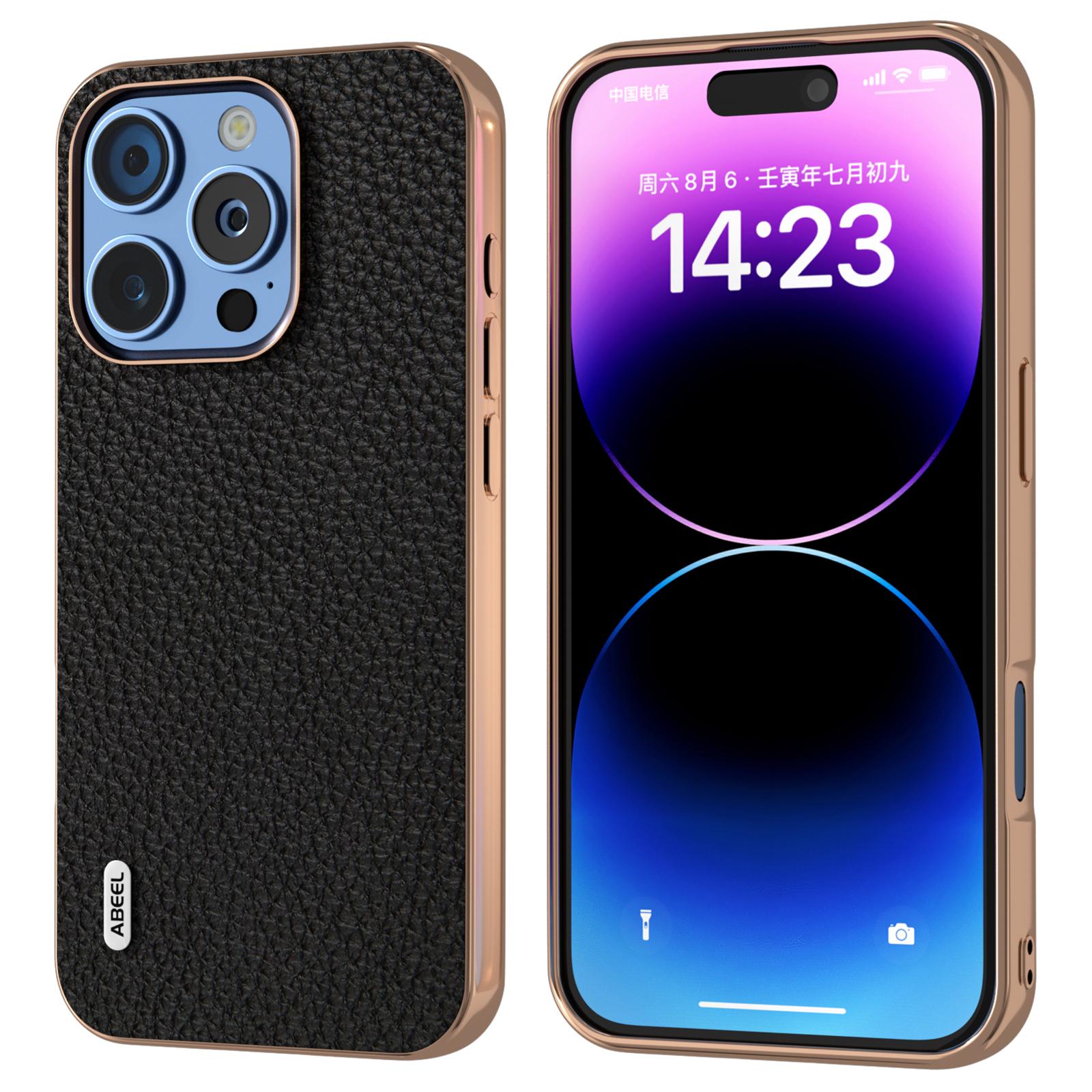 ABEEL For iPhone 16 Pro Case Electroplating Phone Cover Star Series Genuine Cow Leather+TPU Protective Case A