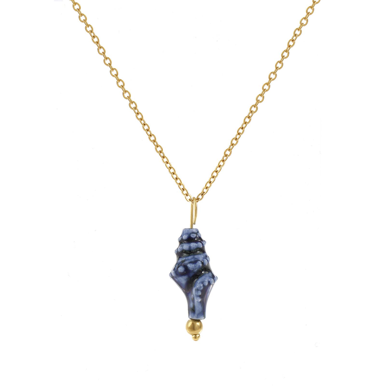 

304 Stainless Steel & Ceramic Necklace 18K Gold Plated Link Cable Chain Conch/ Sea Snail Pendant Necklace For Women 45cm+5cm темно-синього кольору