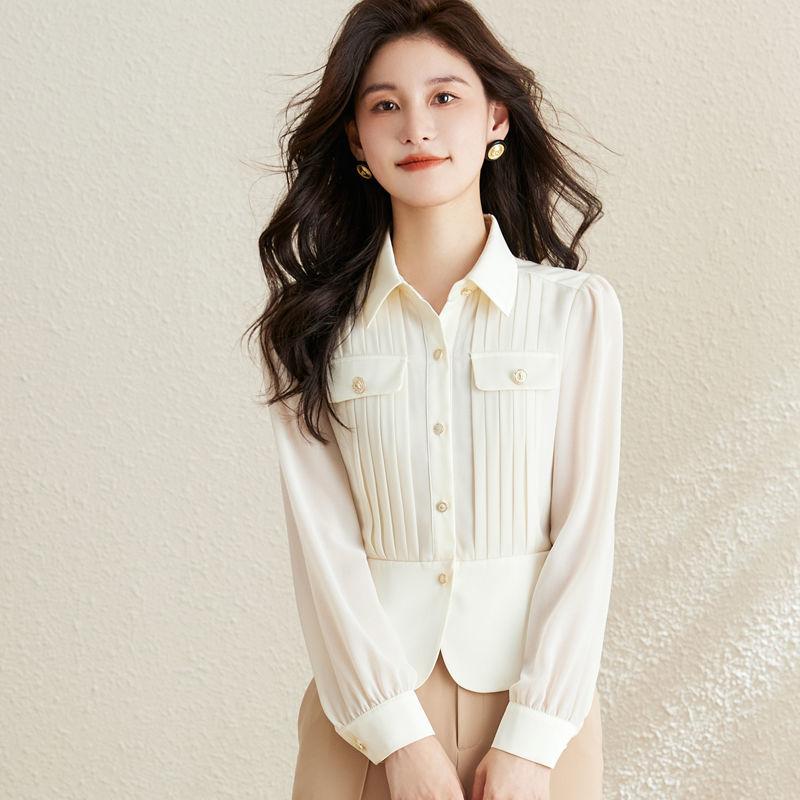 Women Shirt Thin Turn-down Collar Button Sweet Solid Pockets Spring Summer Dignified Temperament Chiffon Women's Formal
