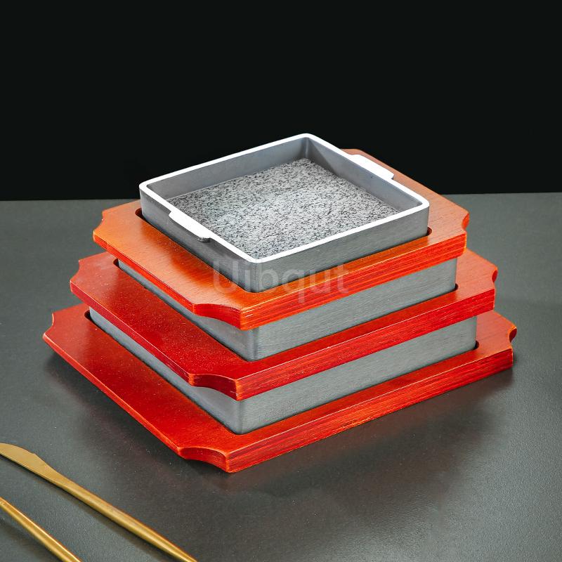 barbecue steak meat round square style grilled rice BBQ steak seafood tray Aluminum edging wood base with stone plate baking pan