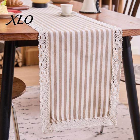 Striped Table Runner Runner, Lace Trim Cotton Linen Long Rustic Farmhouse for Home Dining Decor Decorative