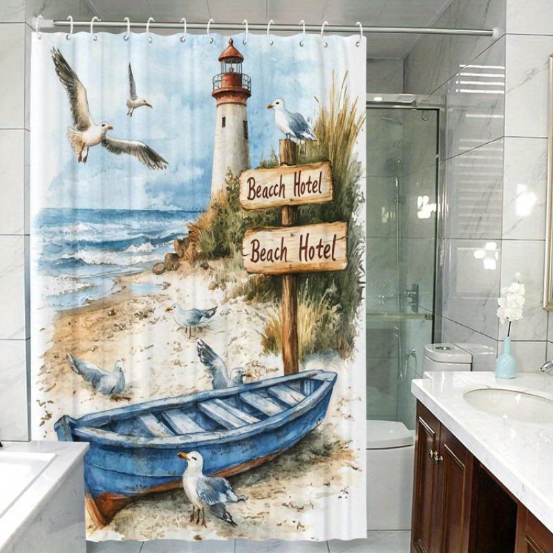 Coastal Nautical Scene Shower Curtain - Water-Resistant Fabric for Bathroom - Perfect for Beach and Sea Enthusiasts