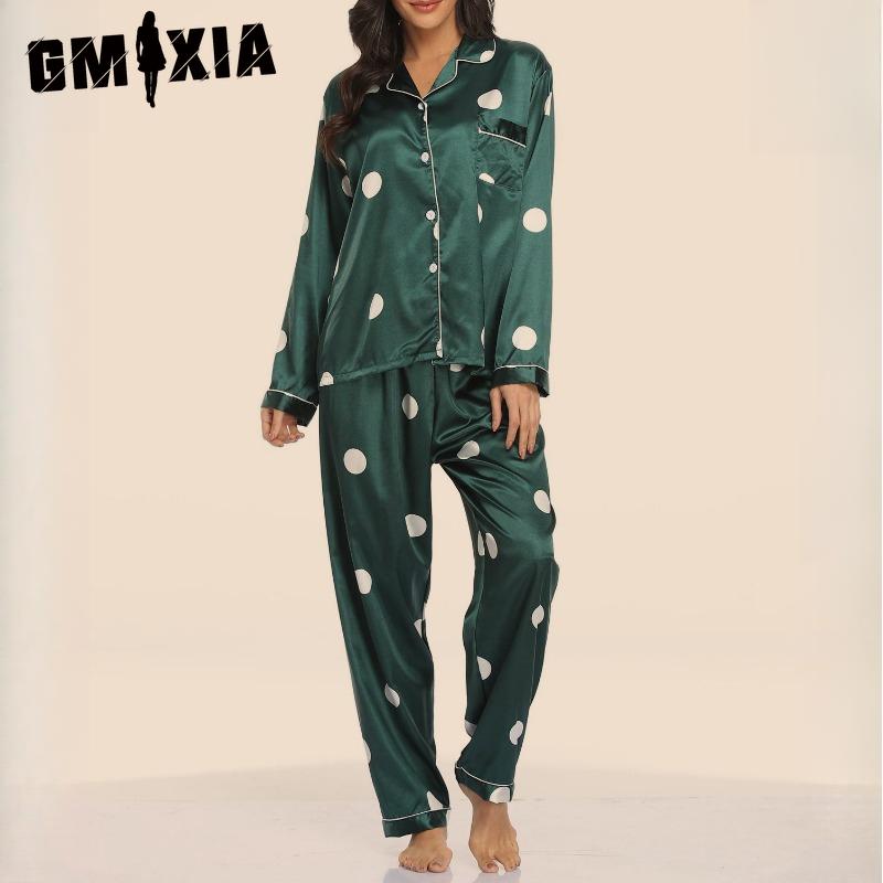 GMXIA Dames todelt loungewear-pysjamas i stretchsateng