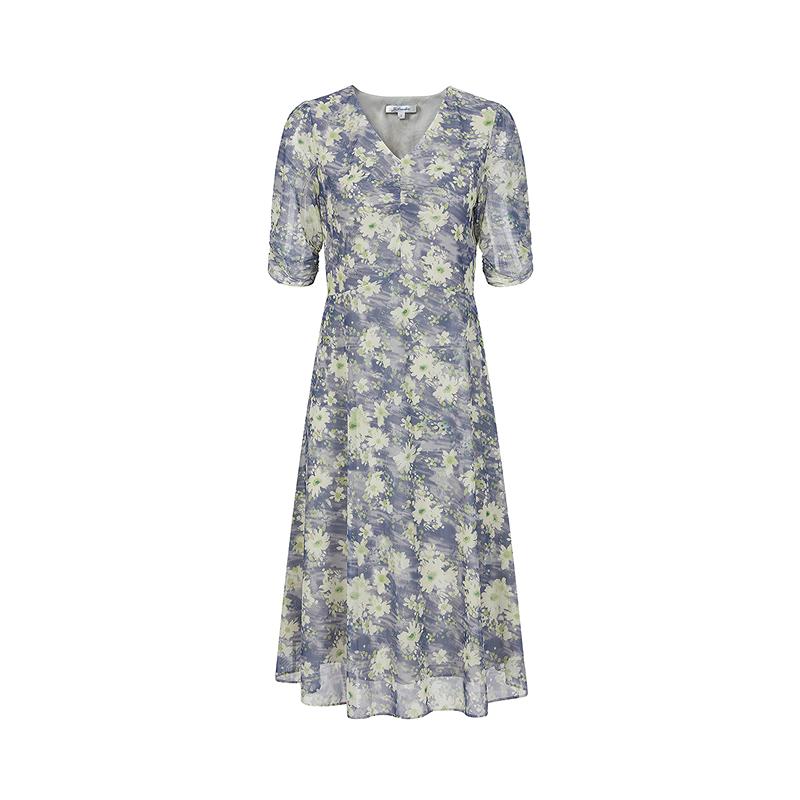 Jiuzi Anna Kou French Holiday Plant Printed Saro Wrinkled Waist Dress