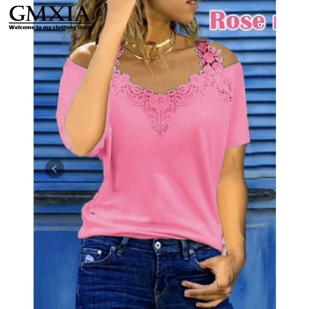 GMXIA Women's Fashion Casual Leisure Solid Color Print Short Sleeve V Neck Blouses & Shirts