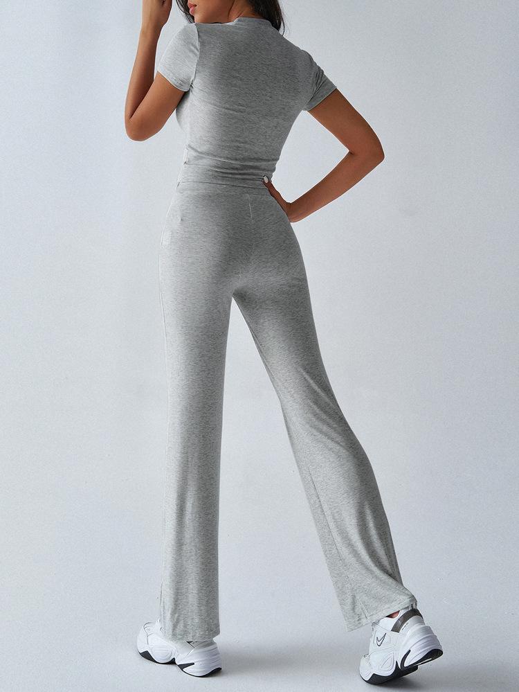 2025 Women's European & American Solid Color Round Neck Casual Fashion Set - Short Sleeve Top & Long Pants for Spring/Summer