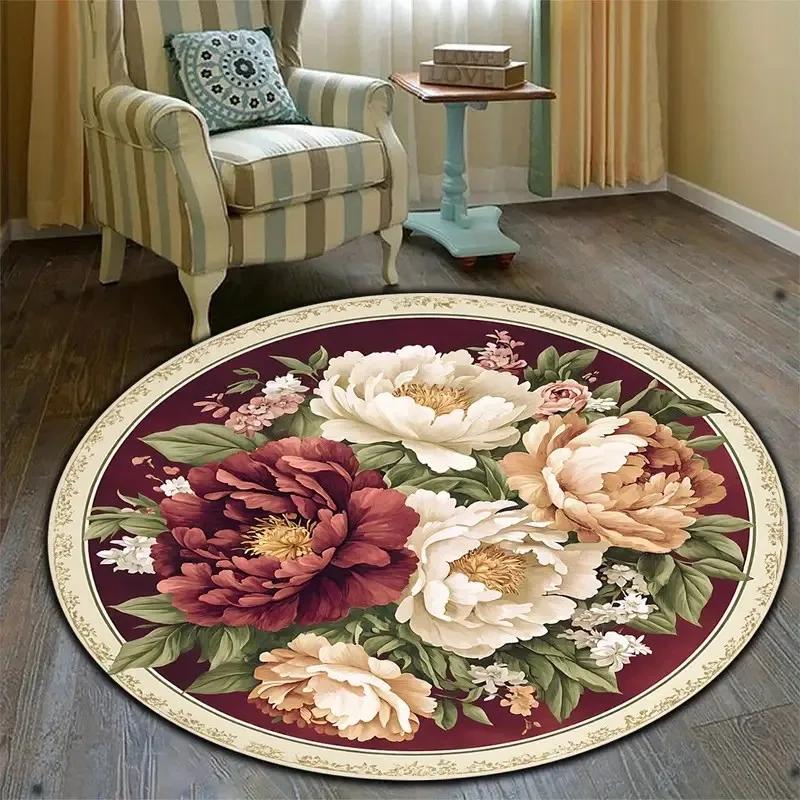 Luxury Flowers Area Rug Round Washable Non-Slip Large Carpet for Bedroom Room Office Farmhouse Stylish Outdoor Rug Home Decor