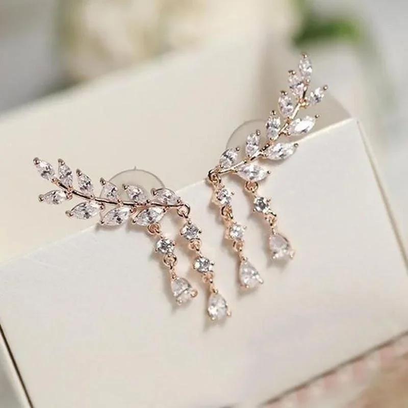 Korean Earrings Sparkling Zirconia 925 Silver Needle Leaf Tassel Water Drop Earrings Women's Fashion Summer Fresh Accessories