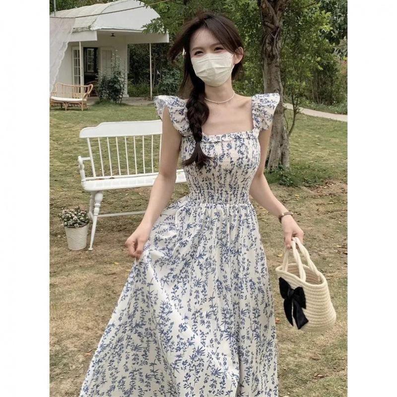 Fresh Floral Blue Strappy Dress - Women s 2026 Summer Elegant Waist-Cinched Slim Flutter Sleeve Dress Model S