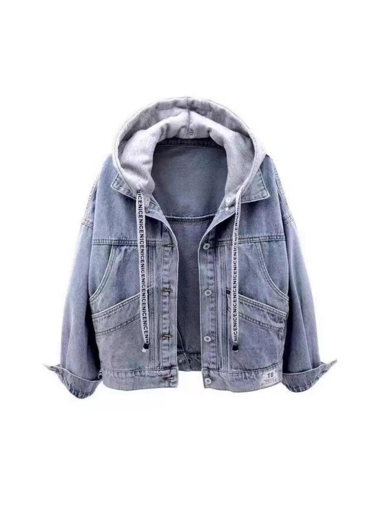 Veste en jean à capuche amovible pour femme, Printemps/Automne, Manches longues, Coupe courte