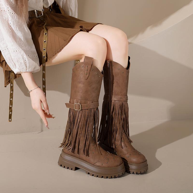 Fashion Tall Boots Winter New Round Toe Studded Tassel Side Zip Platform Non-Slip Block Heel Boots