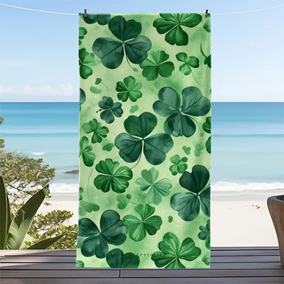 Watercolor Clover Leaf Beach Towel Fresh Green Botanical Print Non-Slip for St Patricks Day Decor