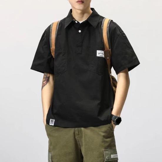 

Мужская рубашка-карго на пуговицах с отложным воротником, свободные короткие рукава, нагрудные карманы, сплошной цвет, уличная одежда в стиле ретро в японском стиле, топ больших размеров 3XL чёрный