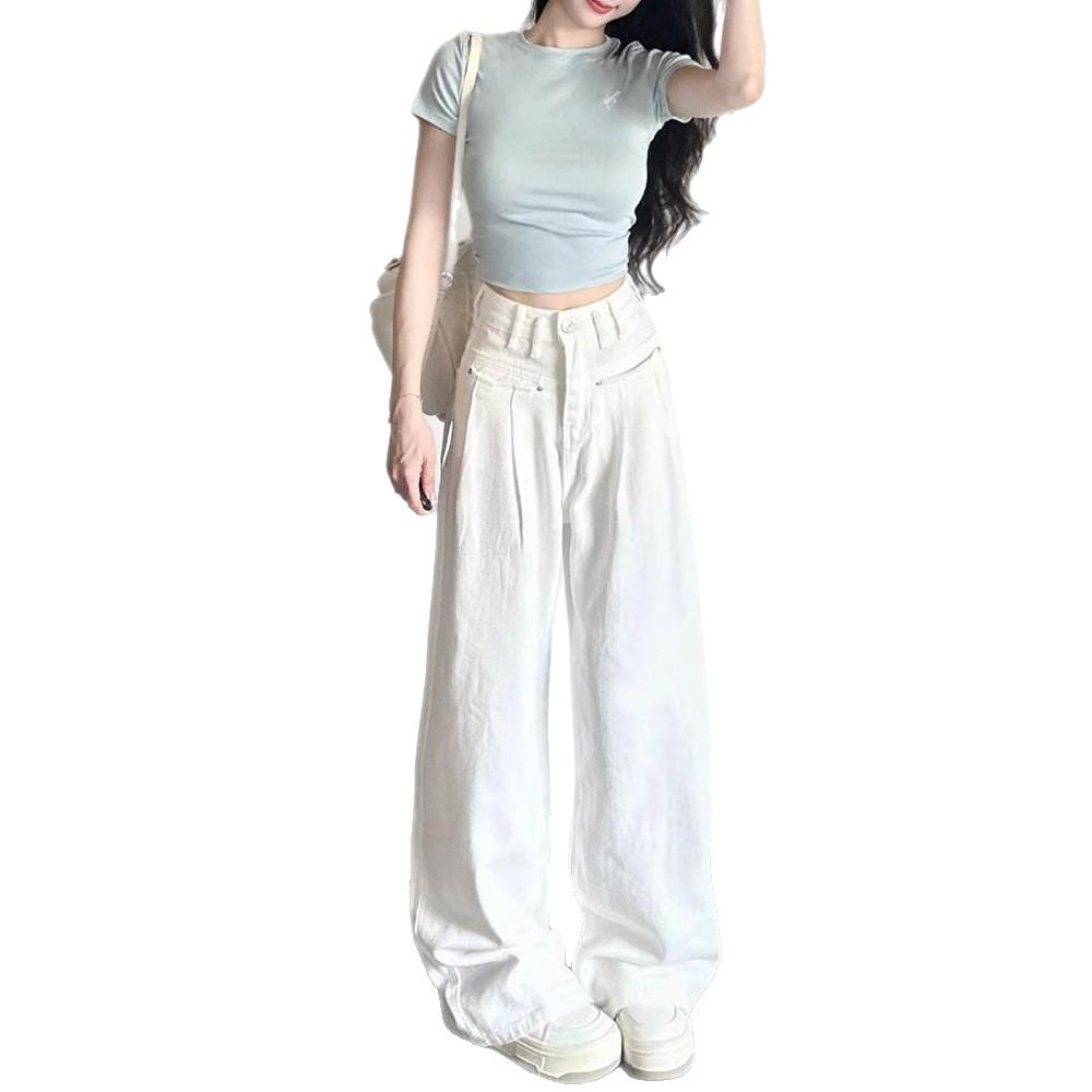 Comfortable Wide-legged Folded White High-waisted Jeans Women Loose Casual Versatile Skinny Straight Trousers Jeans for Women Long Denim Pants