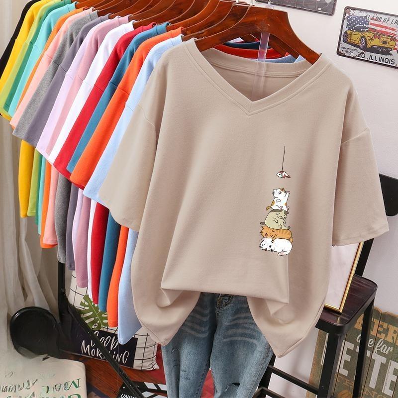 Short-sleeved T-shirt for Women, Large Size, Loose and Slimming, Printed V-neck Top