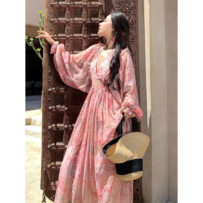 French High-end Collar Pink Floral Dress Women's Summer Temperament Beautiful Word Lantern Sleeve Tulle Long Skirt