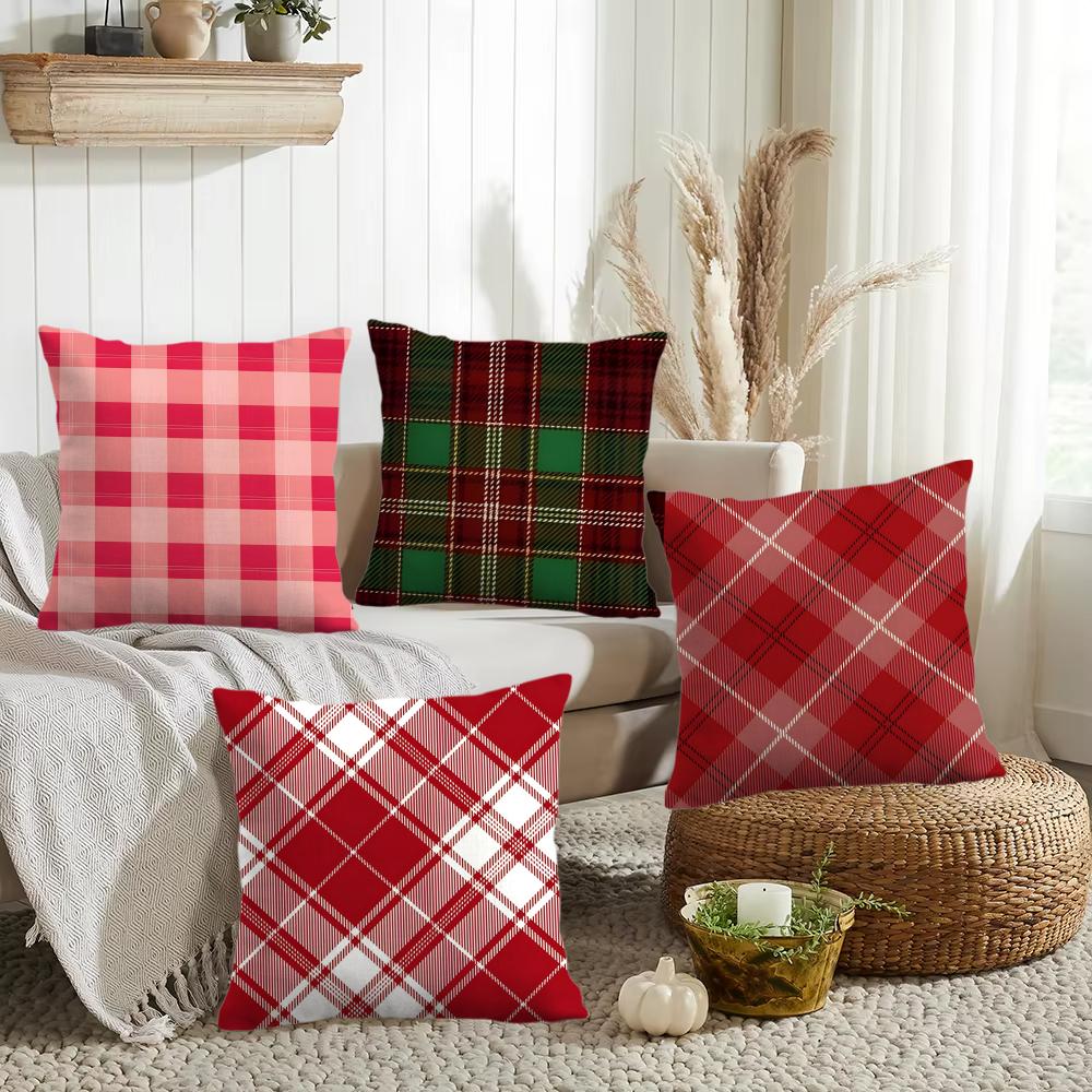 Fashion Red Plaid Cushion Cover Silky Short Plush Invisible Zipper Dustproof Sofa Pillow Case for Home Decor