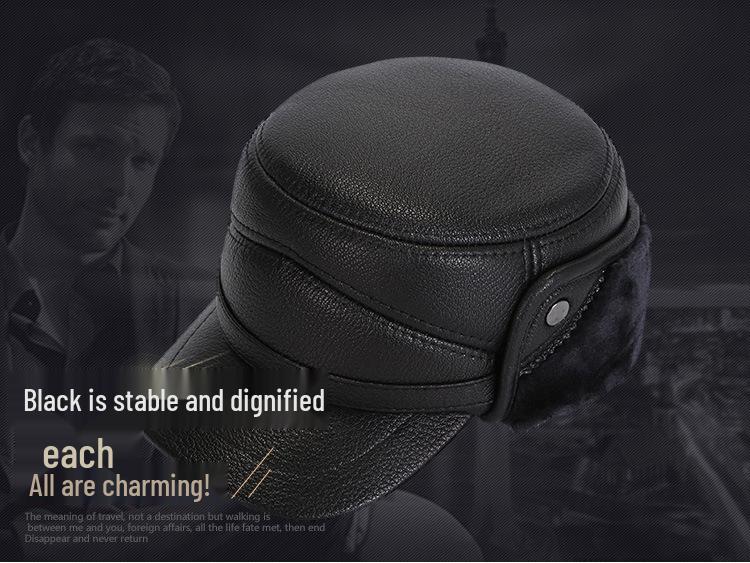 Men's Winter Cowhide Sheepskin Leather Hat - Thick, Warm Lei Feng Style for Middle-aged & Elderly
