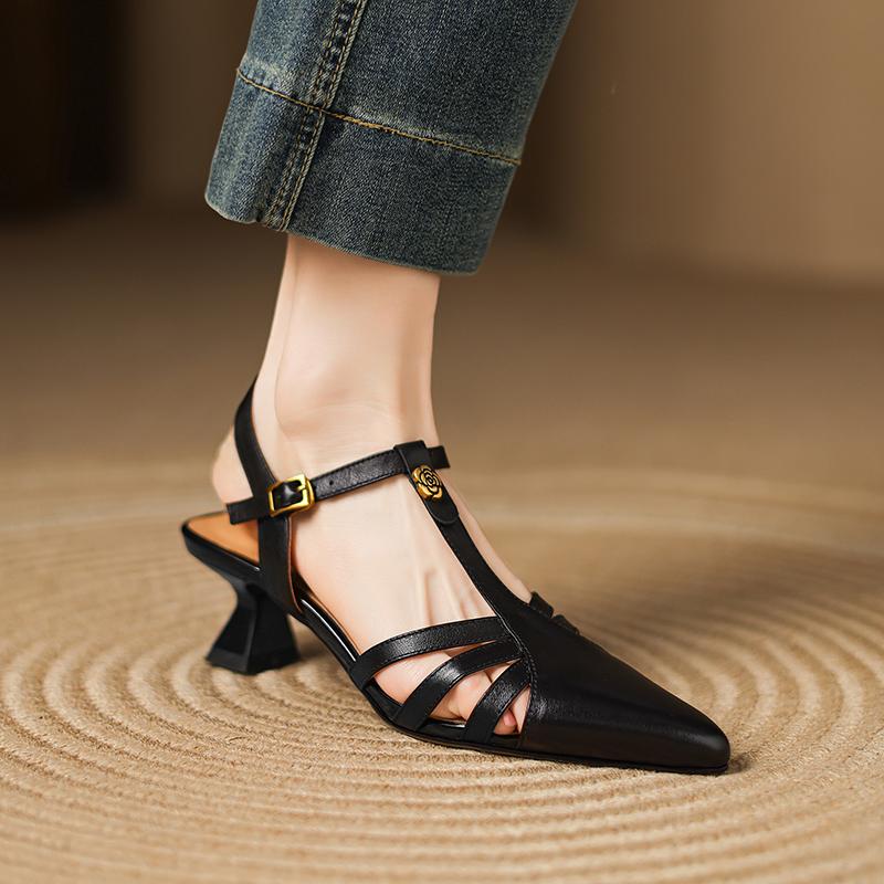 Fashion 2025 Summer Genuine Leather Sandals for Women Covered Pointed Toe Chunky Heel Ladies Elegant Dress Sandals Leisure Ladies Shoes