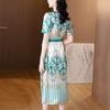 Floral Print V-neckline Dress In Silk with Short Sleeves and Waist Belt