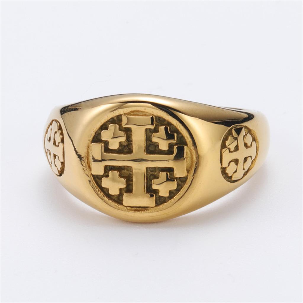 Gold Color Jerusalem Cross Ring Stainless Steel Religious Vintage Five Crosses Crusader Jewelry Georgia Symbol Jewelry for Men