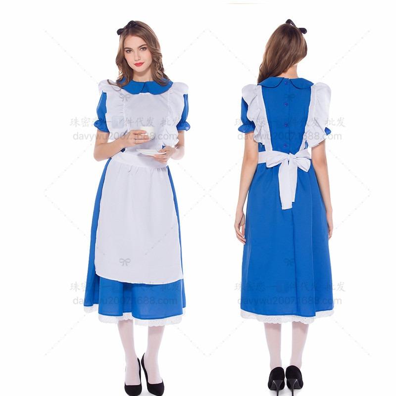 Parent-child blue girl costume, Halloween princess dress costume, Alice in Wonderland maid costume