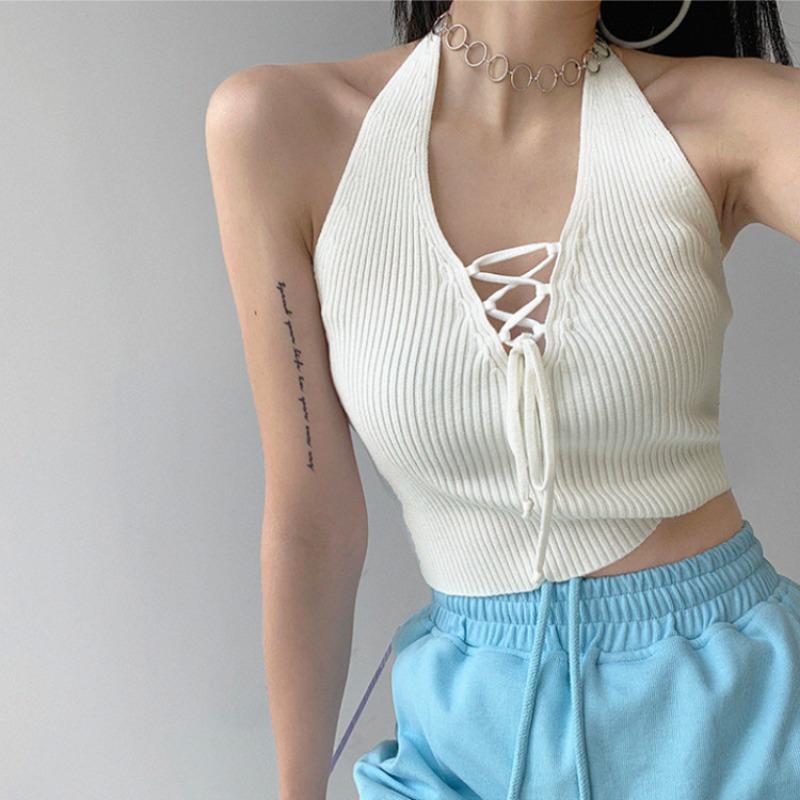 Summer Spice Style Design Sense V-tie with Slim Halter Vest Knitted Halter Top with Chest Blouse