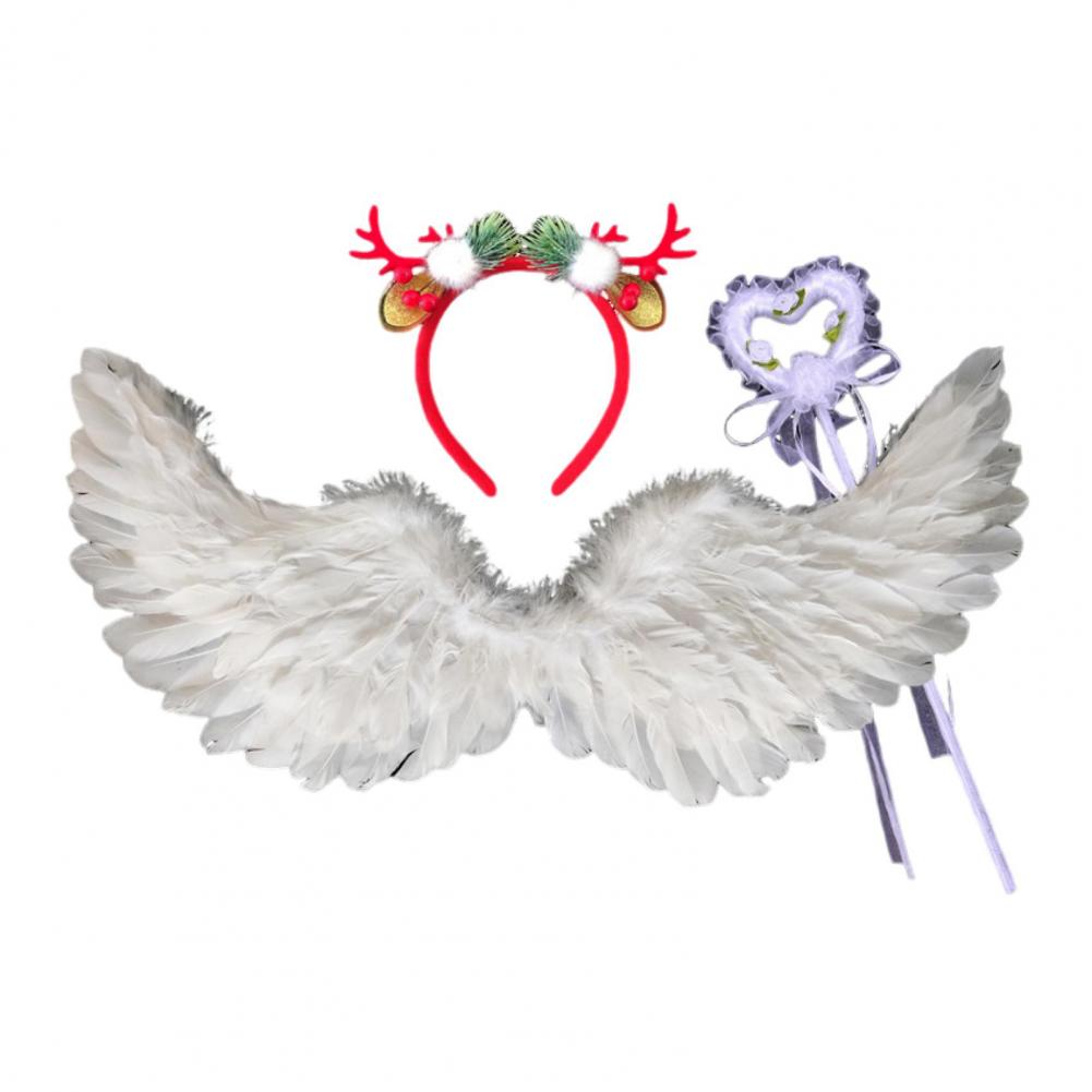 1 Set Cosplay Wings Set Feathered Angel Black Witch Wings Set With Headband Wand Halloween Role-playing Kids Angel Wings Outfit