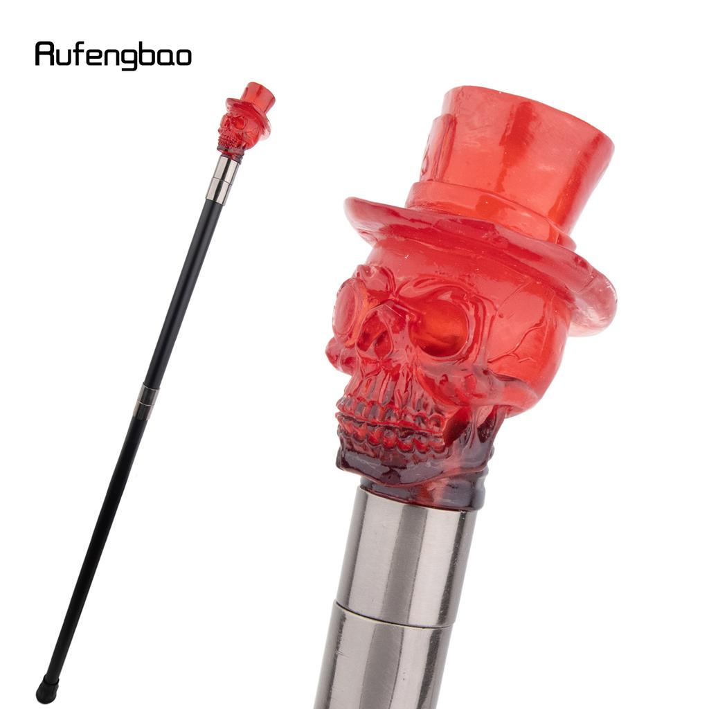 Red Hat Transparent Resin Skull Head Walking Cane Fashion Decorative Steel Stick Gentleman Performance Stage Cane 93cm