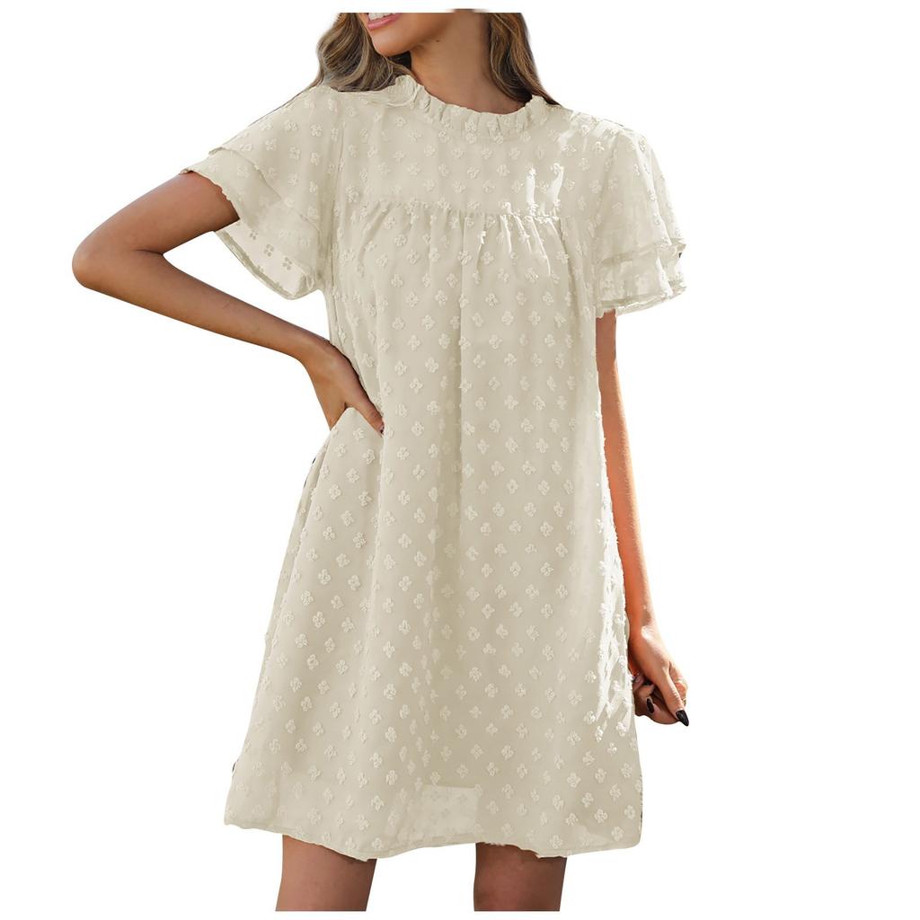 Women's Fashion Casual Solid Color With Small Ball Round Neck Double Layer Short Sleeve Dresses