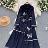 Elegant Butterfly Embroidered Polo-neck Vintage Long Sleeves Single Breasted Slim A-line Long Dress French High Street Clothing