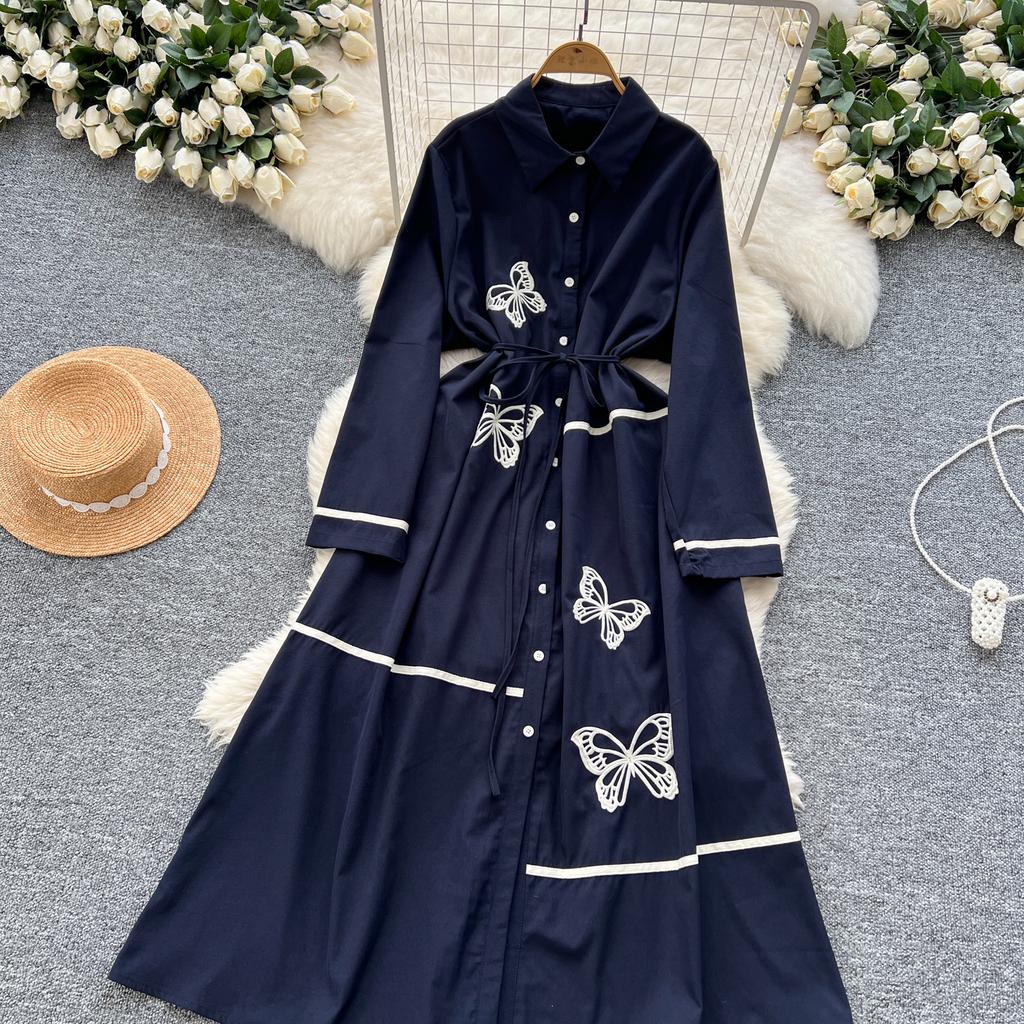 Elegant Butterfly Embroidered Polo-neck Vintage Long Sleeves Single Breasted Slim A-line Long Dress French High Street Clothing