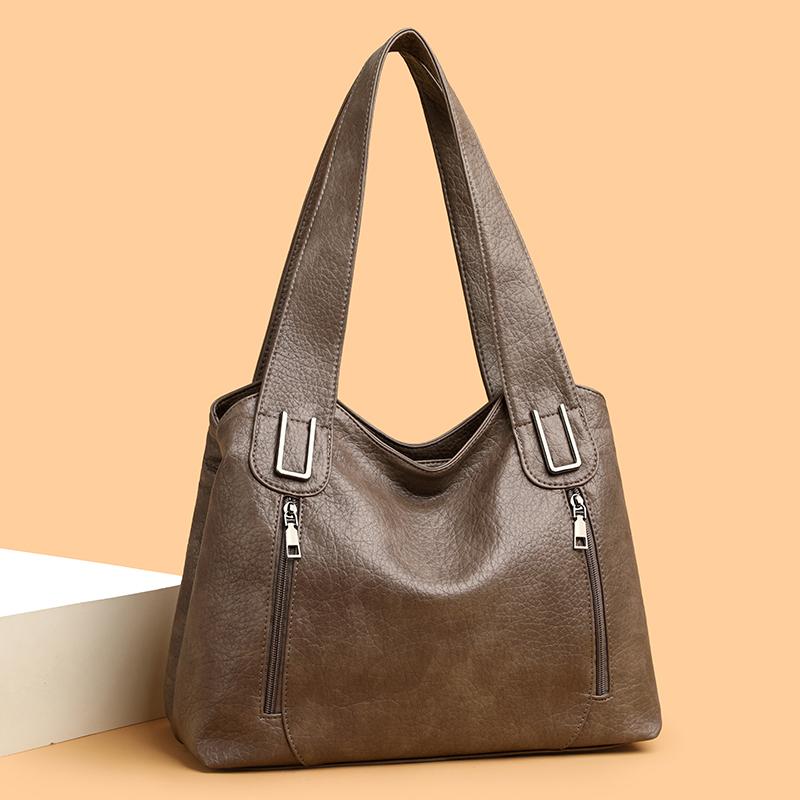 Large Capacity Leather Tote Bag for Women Vintage Shoulder Handbag with Zip Pockets